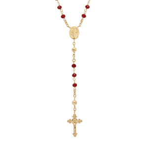 COLLIER ARGENT ET DORURE JAUNE CHAPELET VERRE FACETE GRENAT 50+5CM