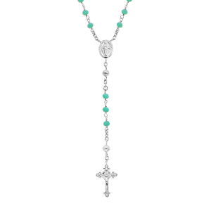 COLLIER ARGENT RHODIÉ CHAPELET VERRE FACETE TURQUOISE 50+5CM