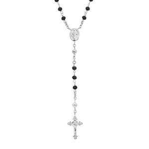 COLLIER ARGENT RHODIÉ CHAPELET VERRE FACETE NOIRE 50+5CM