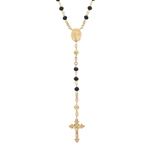 COLLIER ARGENT ET DORURE JAUNE CHAPELET VERRE FACETE NOIRES 50+5CM