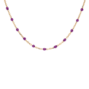 COLLIER ARGENT ET DORURE JAUNE OLIVES RESINE VIOLET TRANSPARENT 40+5CM