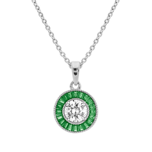 COLLIER ARGENT RHODIÉ PENDENTIF ROND CENTRE OXYDE BLANC ET CONTOUR OXYDES RECTANGULAIRES VERTS 40+5CM