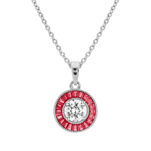 COLLIER ARGENT RHODIÉ PENDENTIF ROND CENTRE OXYDE BLANC ET CONTOUR OXYDES RECTANGULAIRES ROUGES 40+5CM