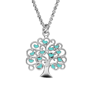 COLLIER ARGENT RHODIÉ ARBRE DE VIE AJOUREE AVEC COEURS RÉSINE TURQUOISE 40+5CM