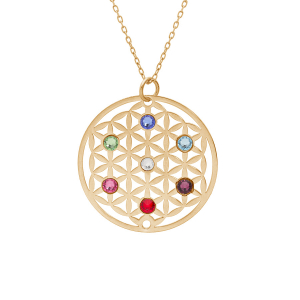 COLLIER ARGENT ET DORURE JAUNE FLEUR DE VIE  OXYDES MULTI COULEURS 40+5CM