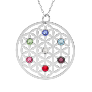 COLLIER ARGENT RHODIÉ FLEUR DE VIE  OXYDES MULTI COULEURS 40+5CM