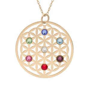 COLLIER ARGENT ET DORURE JAUNE FLEUR DE VIE  OXYDES MULTI COULEURS 40+5CM
