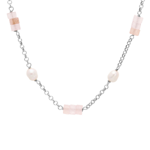 COLLIER ARGENT PLATINÉ RONDELLES QUARTZ ROSE VÉRITABLE ET PERLES DE CULTURE D'EAU DOUCE 40+5CM