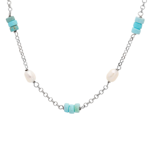 COLLIER ARGENT PLATINÉ RONDELLES TURQUOISE AFRICAINE VÉRITABLE ET PERLES DE CULTURE D'EAU DOUCE 42+3CM