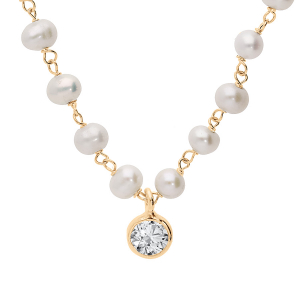 COLLIER ARGENT ET DORURE JAUNE  PERLE DE CULTURE D'EAU DOUCE ET OXYDE SERTI CLOS 42CM