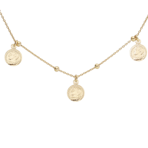 COLLIER ARGENT ET DORURE JAUNE 5 PAMPILLES PIECES ROMAINE 40+4CM