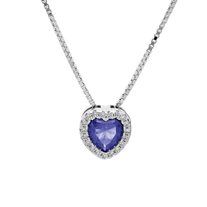 COLLIER ARGENT RHODIÉ PENDENTIF COEUR OXYDE BLEU FONCÉ ET CONTOUR OXYDES BLANCS SERTIS 42+3CM