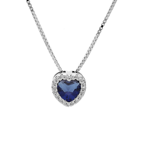 COLLIER ARGENT RHODIÉ PENDENTIF COEUR OXYDE BLEU FONCÉ ET CONTOUR OXYDES BLANCS SERTIS 42+3CM