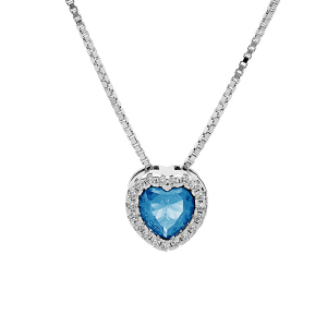 COLLIER ARGENT RHODIÉ PENDENTIF COEUR OXYDE BLEU CIEL ET CONTOUR OXYDES BLANCS SERTIS 42+3CM