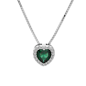 COLLIER ARGENT RHODIÉ PENDENTIF COEUR OXYDE VERT ET CONTOUR OXYDES BLANCS SERTIS 42+3CM