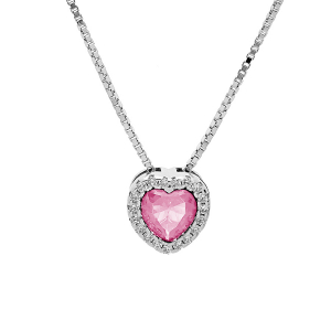 COLLIER ARGENT RHODIÉ PENDENTIF COEUR OXYDE ROSE ET CONTOUR OXYDES BLANCS SERTIS 42+3CM