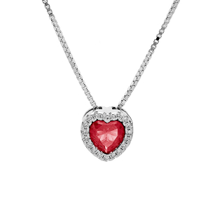 COLLIER ARGENT RHODIÉ PENDENTIF COEUR OXYDE ROUGE ET CONTOUR OXYDES BLANCS SERTIS 42+3CM