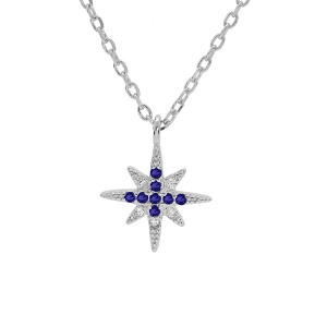 COLLIER ARGENT RHODIÉ PENDENTIF 1 ETOILE OXYDES BLEUS ET BLANCS SERTIS 40+4CM