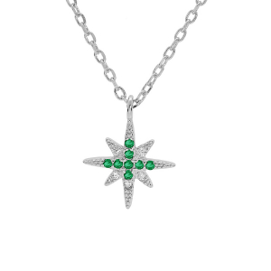 COLLIER ARGENT RHODIÉ PENDENTIF 1 ETOILE OXYDES VERTS ET BLANCS SERTIS 40+4CM