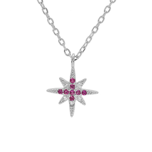 COLLIER ARGENT RHODIÉ PENDENTIF 1 ETOILE OXYDES FUSCHIA ET BLANCS SERTIS 40+4CM