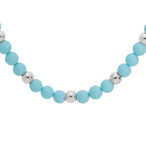 COLLIER ARGENT RHODIÉ MAILLE RECTANGLE BOULES BLEUES 42+3CM