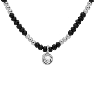 COLLIER ARGENT RHODIÉ PIERRES SYNTHETIQUES FACETÉES NOIRS ET PAMPILLE OXYDE BLANC SERTI  42+3CM