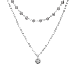 COLLIER ARGENT RHODIÉ DOUBLE RANG PIERRES FACETÉES GRISES ET PAMPILLE OXYDE BLANC SERTI  42+3CM