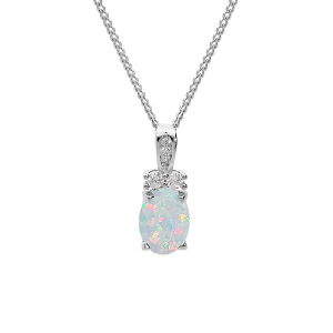 COLLIER ARGENT RHODIÉ PENDENTIF OPALE BLANCHE IMITATION ET OXYDES BLANCS SERTIS 42+3CM