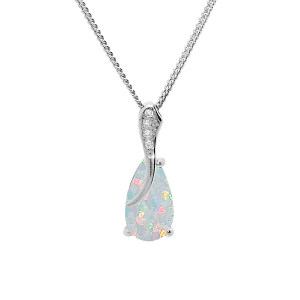 COLLIER ARGENT RHODIÉ PENDENTIF OPALE BLANCHE IMITATION ET OXYDES BLANCS SERTIS 42+3CM