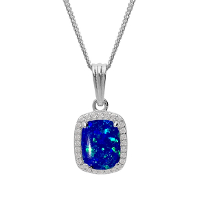 COLLIER ARGENT RHODIÉ PENDENTIF CARRÉ OPALE BLEU FONCÉ IMITATION ET OXYDES BLANCS SERTIS 42+3CM