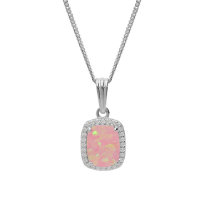 COLLIER ARGENT RHODIÉ PENDENTIF CARRÉ OPALE ROSE IMITATION ET OXYDES BLANCS SERTIS 42+3CM