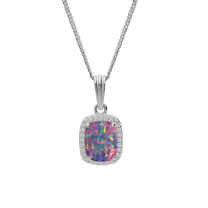 COLLIER ARGENT RHODIÉ PENDENTIF CARRÉ OPALE VIOLET IMITATION ET OXYDES BLANCS SERTIS 42+3CM