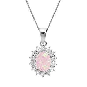 COLLIER ARGENT RHODIÉ PENDENTIF OPALE BLANCHE IMITATION ET OXYDES BLANCS SERTIS 42+3CM