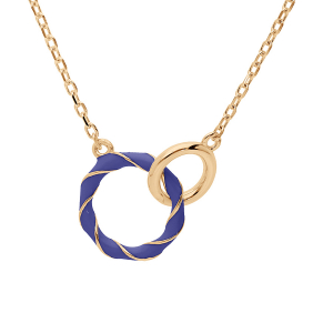 COLLIER  ARGENT DORÉ PENDENTIF 2 ANNEAUX 1 RÉSINE BLEUE 1 LISSE 42+3CM