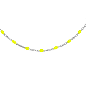 SAUTOIR ARGENT RHODIÉ OLIVES RÉSINE JAUNE FLUO 60+10CM