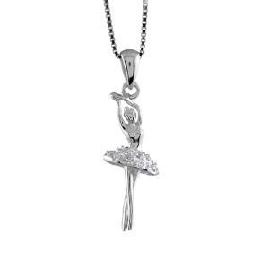 COLLIER ARGENT RHODIÉ PENDENTIF DANSEUSE PIERRES BLANCHES 42CM