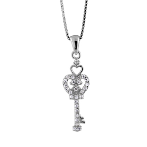 COLLIER ARGENT RHODIÉ PENDENTIF CLEF OXYDES BLANCS 42CM