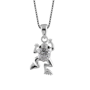 COLLIER ARGENT RHODIÉ PENDENTIF GRENOUILLE PIERRES BLANCHES 42CM