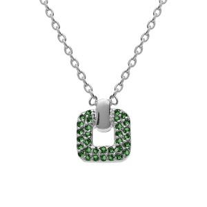 COLLIER ARGENT RHODIÉ PENDENTIF CARRÉ OXYDES VERTS SERTIS 38+4CM