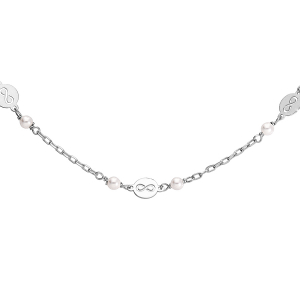 COLLIER ARGENT RHODIÉ MOTIF INFINI  PERLES BLANCHES VERRE SWAROVSKI 37+5CM