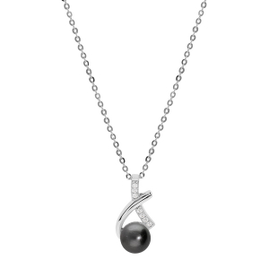 COLLIER ARGENT RHODIÉ PENDENTIF PERLE DE CULTURE DE TAHITI 7MM ET OXYDES BLANCS SERTIS 42+3CM