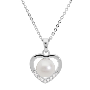 COLLIER ARGENT RHODIÉ PENDENTIF COEUR PERLE DE CULTURE D'EAU DOUCE BLANCHE ET OXYDES BLANCS SERTIS 42+3CM