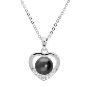 COLLIER ARGENT RHODIÉ PENDENTIF COEUR PERLE DE CULTURE DE TAHITI VÉRITABLE 7MM ET OXYDES BLANCS SERTIS 42+3CM