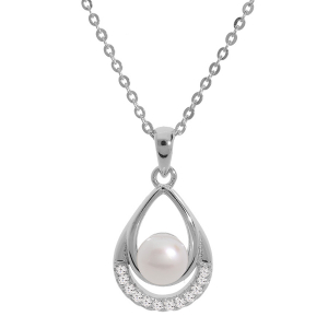 COLLIER ARGENT RHODIÉ PENDENTIF PERLE DE CULTURE D'EAU DOUCE BLANCHE ET OXYDES BLANCS SERTIS 42+3CM