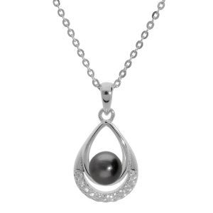 COLLIER ARGENT RHODIÉ PENDENTIF PERLE DE CULTURE DE TAHITI VÉRITABLE ET OXYDES BLANCS SERTIS 42+3CM