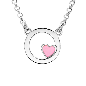 COLLIER ARGENT RHODIÉ CERCLE AVEC COEUR RÉSINE ROSE 35+5CM