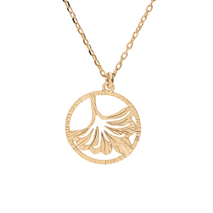 COLLIER ARGENT ET DORURE JAUNE PENDENTIF AJOURÉE FEUILLE TROPICAL 15MM 40+5CM