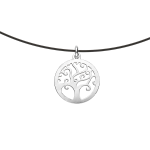 COLLIER ARGENT RHODIE FIL NYLON NOIR ARBRE DE VIE MOYEN MODELE 39CM