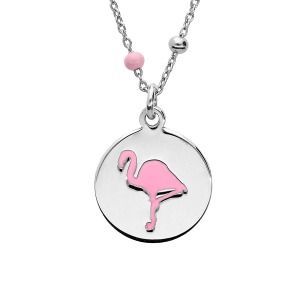 COLLIER ARGENT RHODIÉ BOULES ET RÉSINE MOTIF FLAMANT ROSE 39+3CM