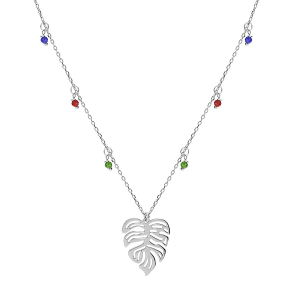COLLIER ARGENT RHODIÉ OXYDES MULTI COULEURS FEUILLE TROPICAL 40+5CM